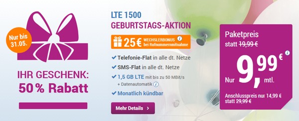 Simply Geburtstagsangebote: Allnet-Flat, 1,5GB Internet für 9,99€