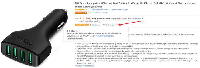 Aukey KFZ Ladegerät Gutschein