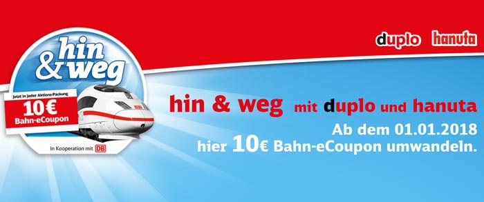 Ferrero Bahn Aktion 10€ Bahn Gutschein in Hanuta & Duplo